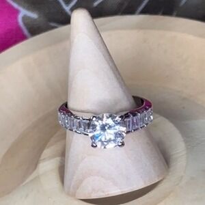 Austrian Crystal Round & Baguette Sterling Silver Rhodium Plated Ring 6.75